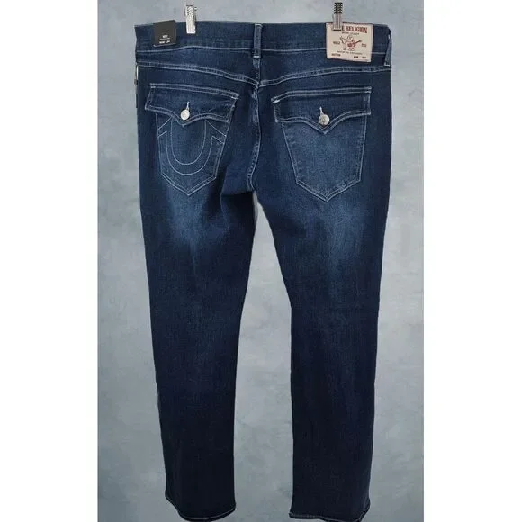 NWT True Religion Jeans Mens Size 36 Ricky Flap SN Relaxed Straight Blue Denim‎